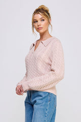 Soft Cable Knit Johnny Collar Pullover Sweater Pale Pink