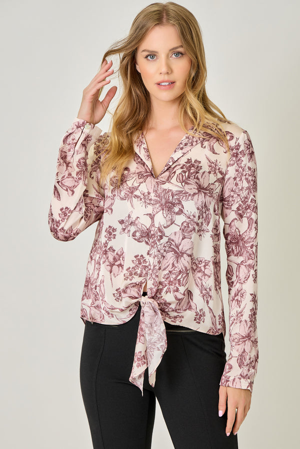Tie Front Satin Blouse Almond Mix
