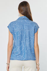 Floral Chambray Cap Sleeve Button Down Shirt Floral Chambray