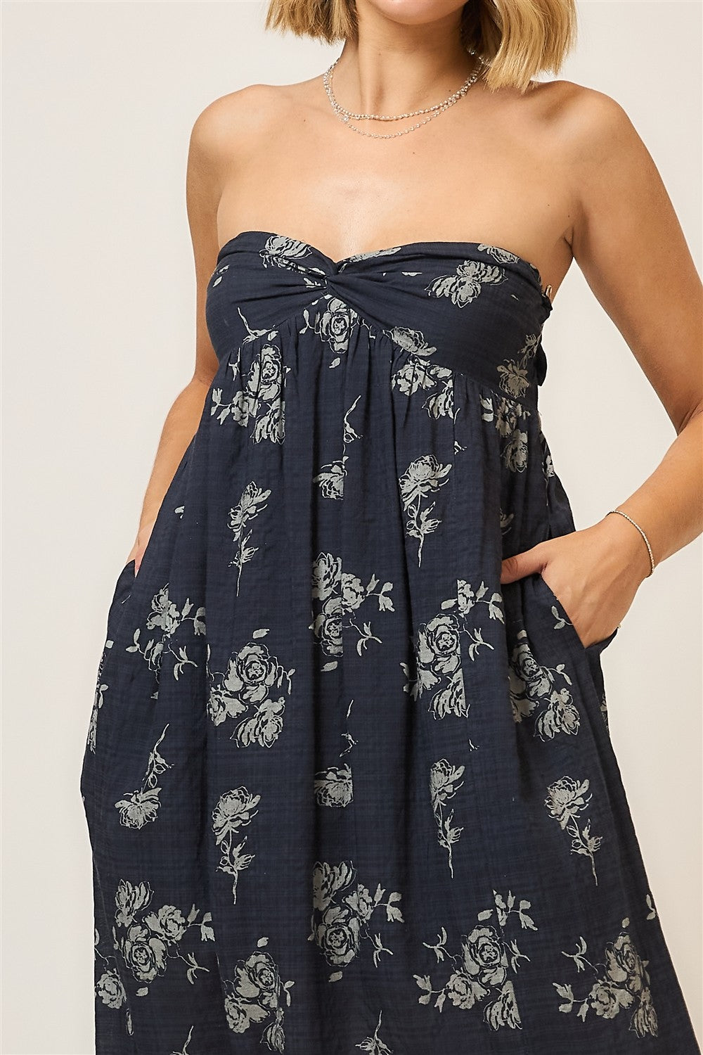 Floral Strapless Open Back Maxi Dress Dark Blue