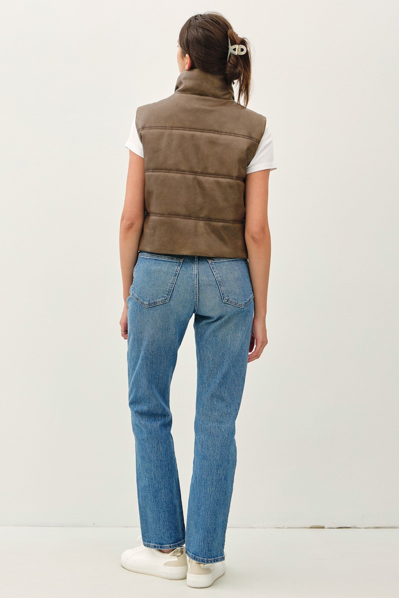 Distressed Leather Puffer Vest Brown