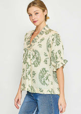 Fern Print Notched Vneck Ruffle Trim Top Green Mix