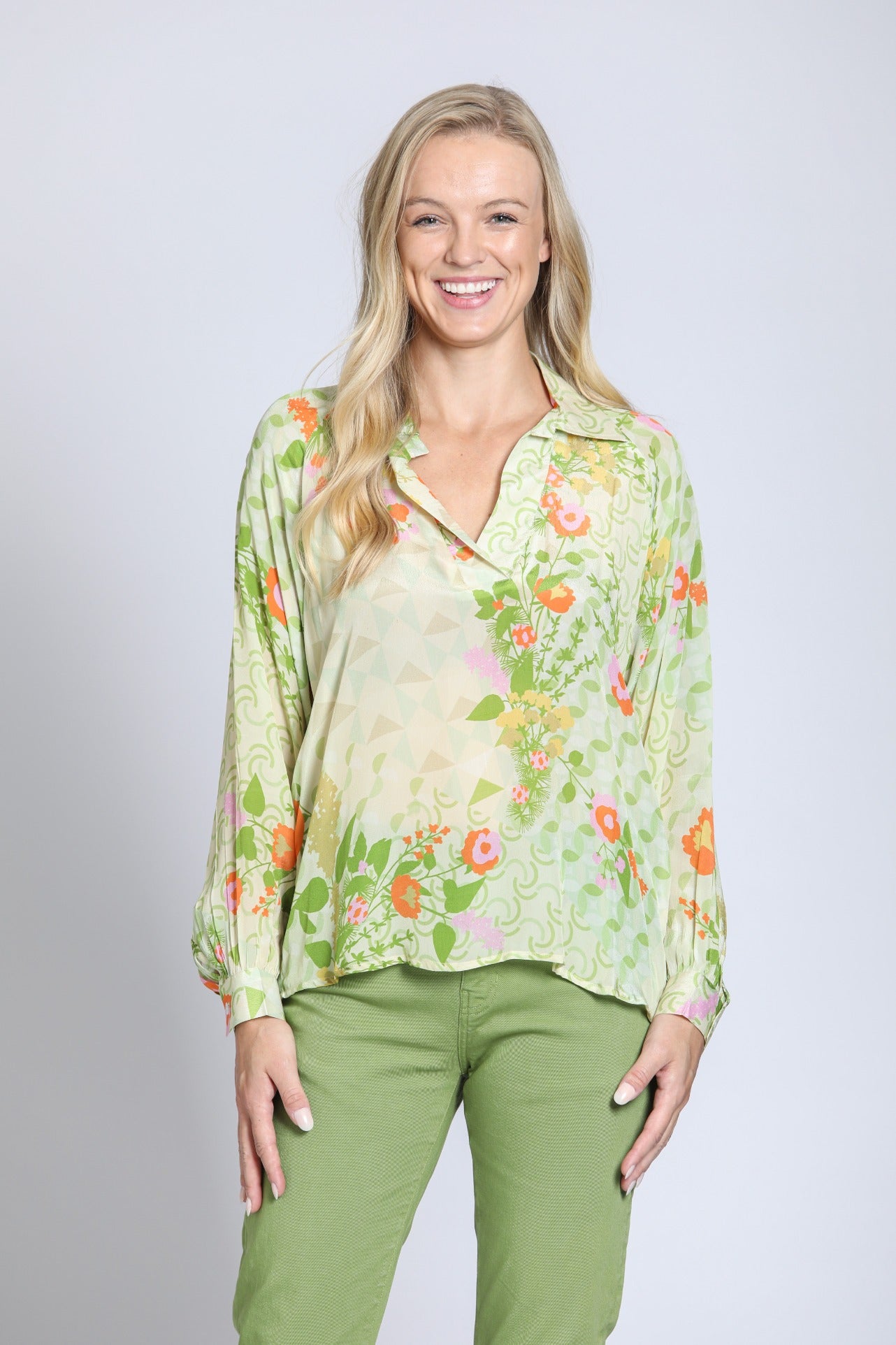 Collared Vneck Printed Blouse Light Green Multi