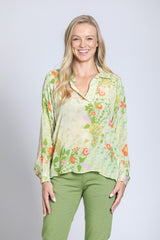 Collared Vneck Printed Blouse Light Green Multi