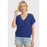 Crochet Knit Vneck Short Sleeve Sweater Top Royal