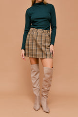 High Waisted Buttoned Plaid Mini Skirt Tan