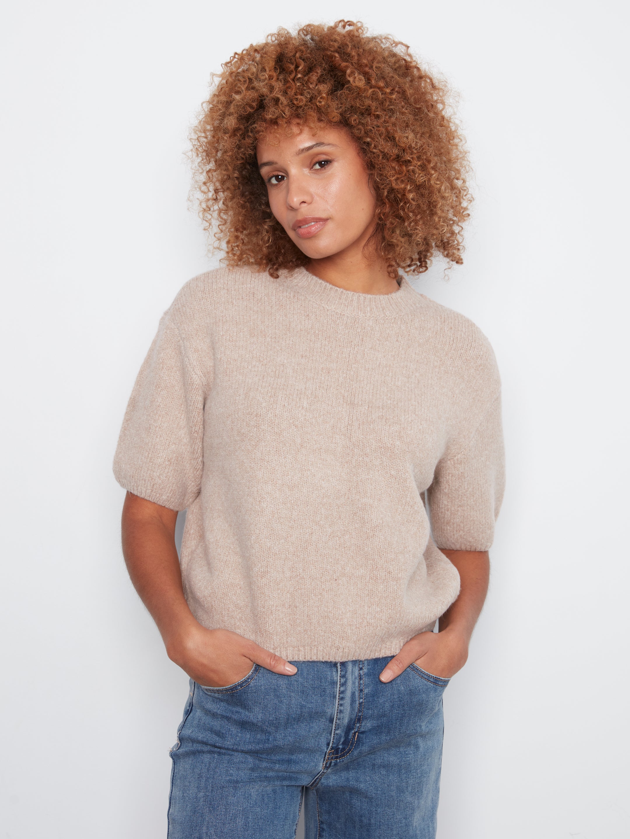 Solid Elbow Sleeve Balloon Shape Sweater Heather Latte