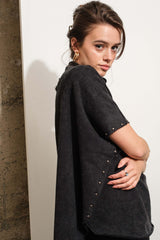 Stud Detail Funnel Neck Capelet Boxy Top Charcoal