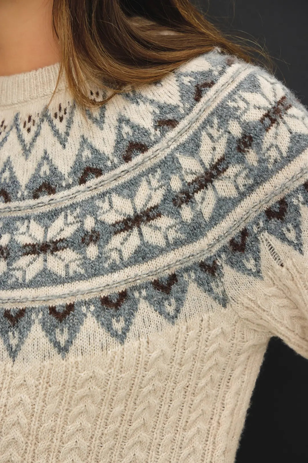 Nordic Print Cable Knit Crew Neck Sweater