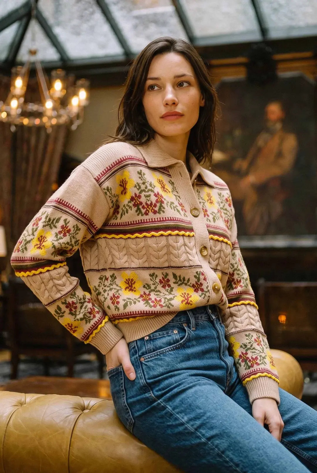 Floral Print Western Polo Cardigan