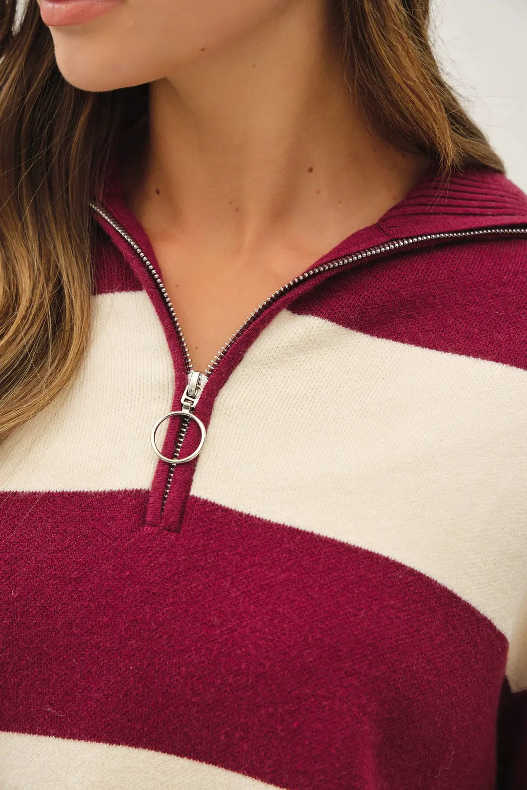Preppy Striped Wide Collar Half Zip Sweater Top