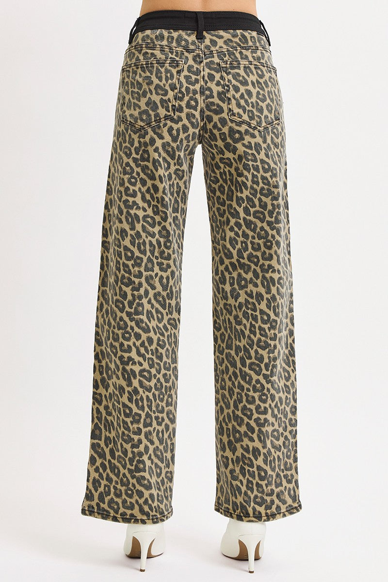 Black Banded Leopard Denim Wide Leg Pants Coffee