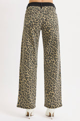 Black Banded Leopard Denim Wide Leg Pants Coffee
