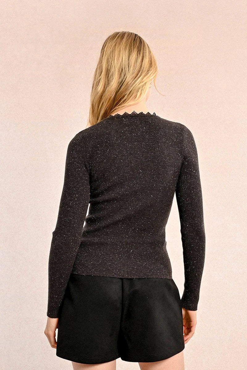 Lace Neckline Henley Sweater Top Black Vintage