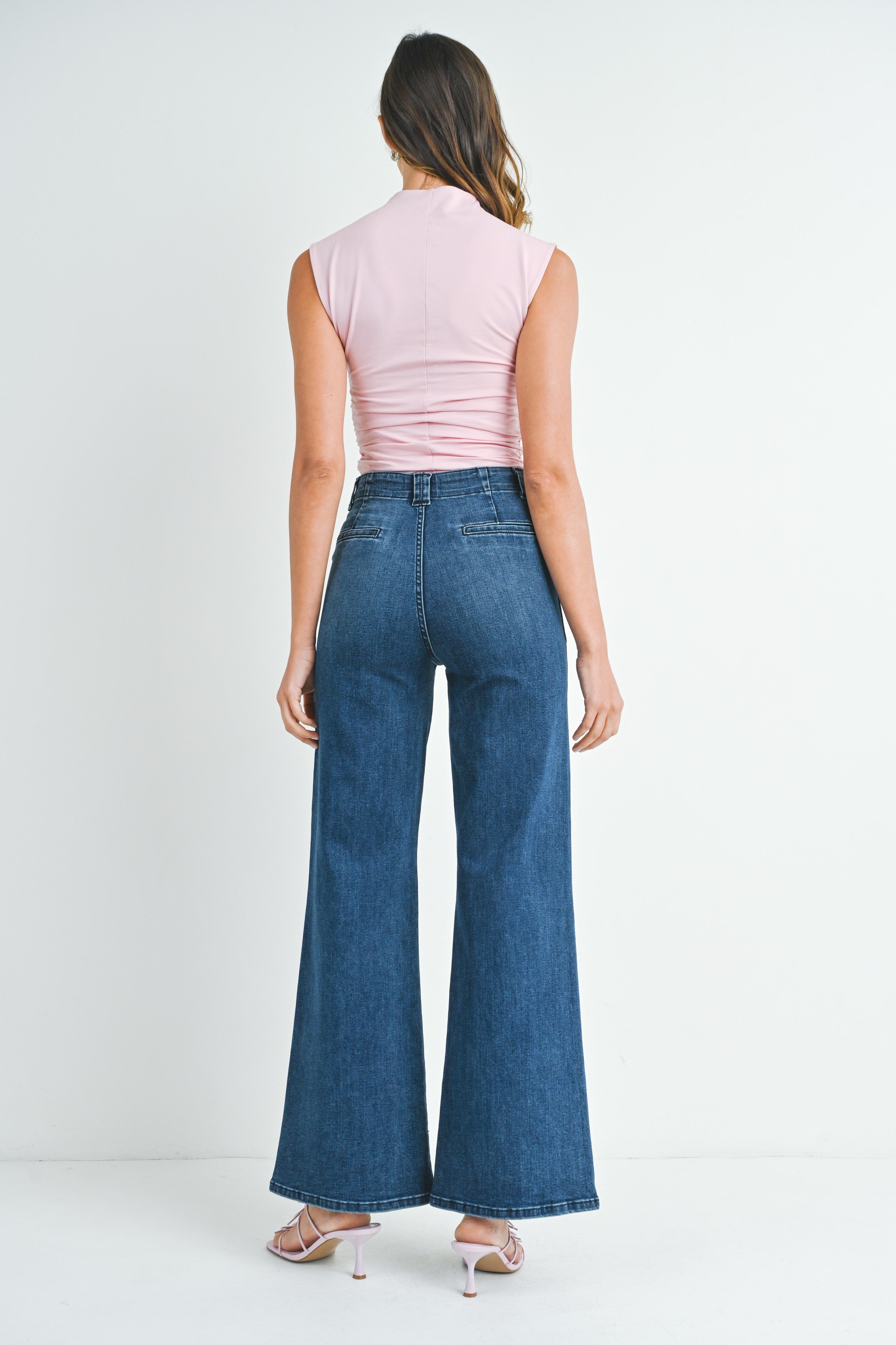 Patch Pocket Wide Leg Flare Jeans Dark Denim