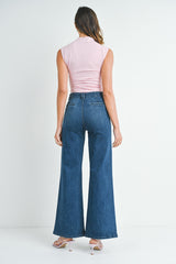 Patch Pocket Wide Leg Flare Jeans Dark Denim