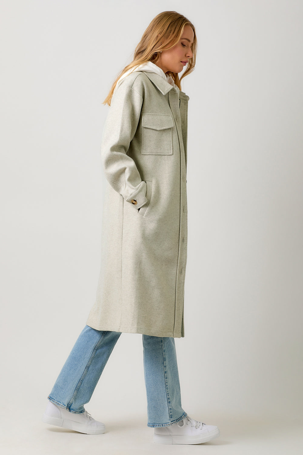 Two Fer Hoodie Solid Long Buttoned Coat Oatmeal