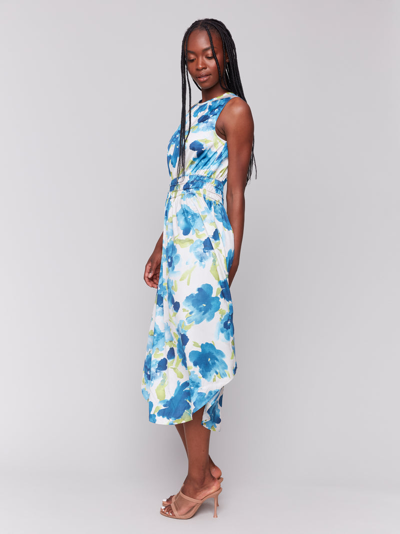 Smocked Waist Print Sleeveless Dress Lime