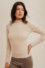 Mock Neck Lace Long Sleeve Shirt Ecru
