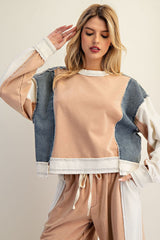 Frayed Colorblock Long Sleeve Pullover Cinnamon