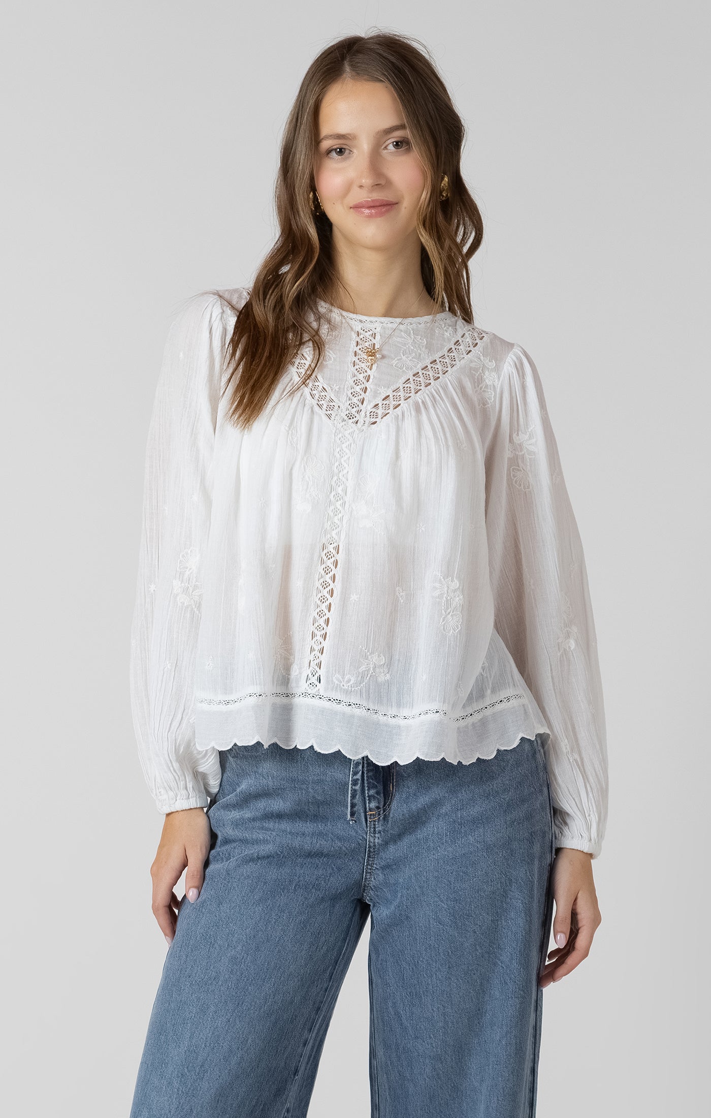 Crochet Detail Embroidered Blouse White