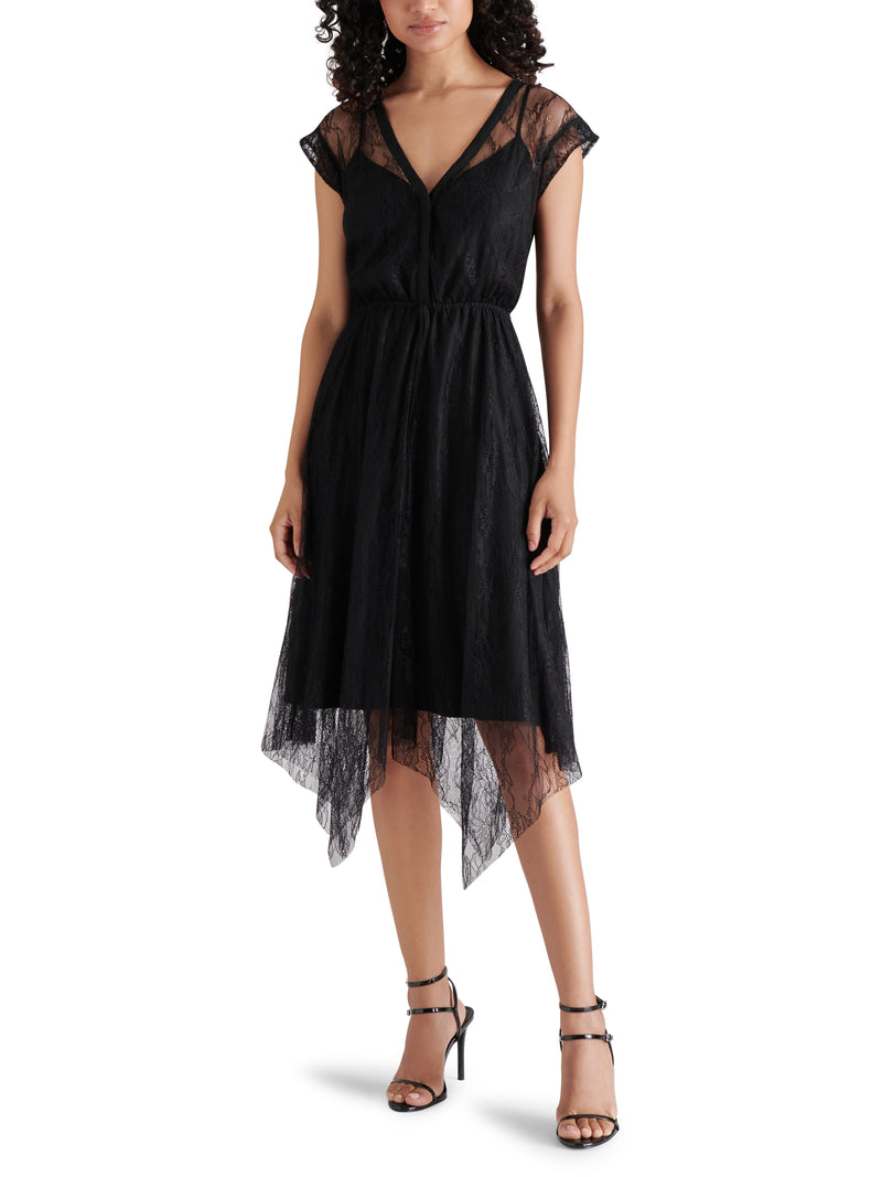 Vale Hanky Hem Chiffon Pleated Lace Midi Dress Black