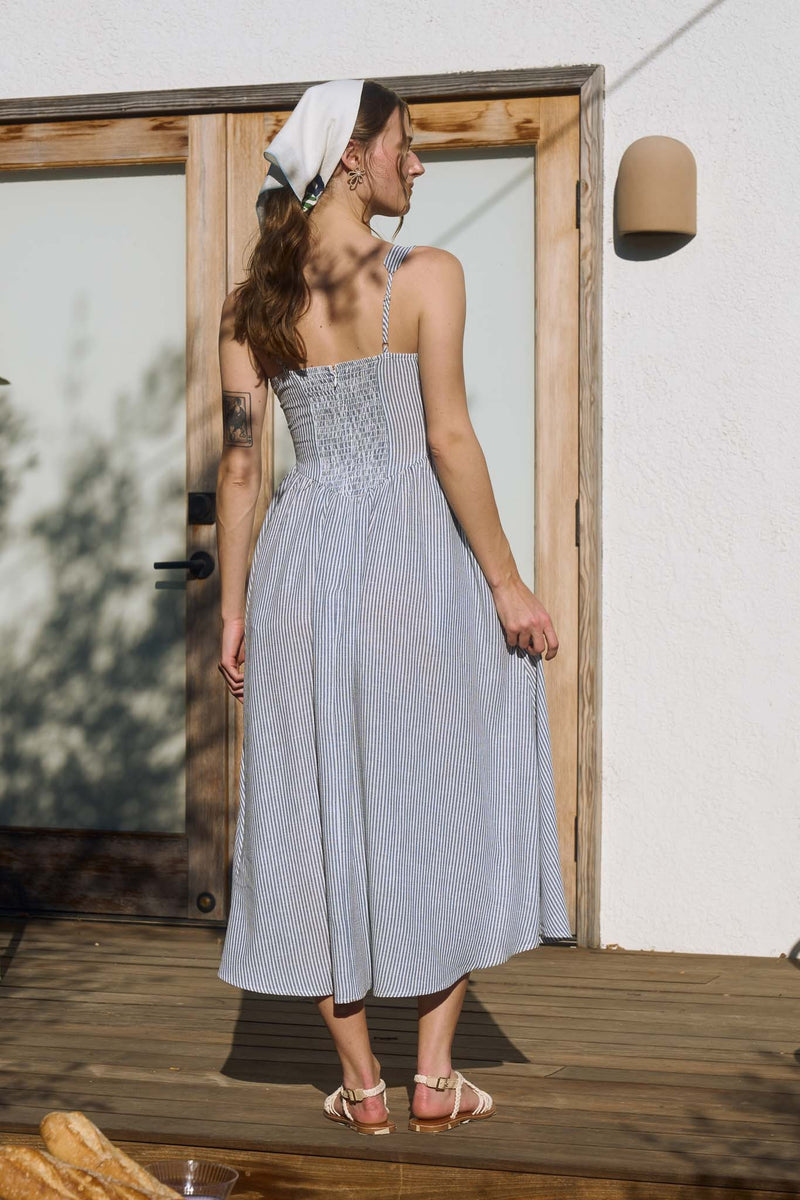 Stripe Sleeveless Corset Detail Midi Dress Navy