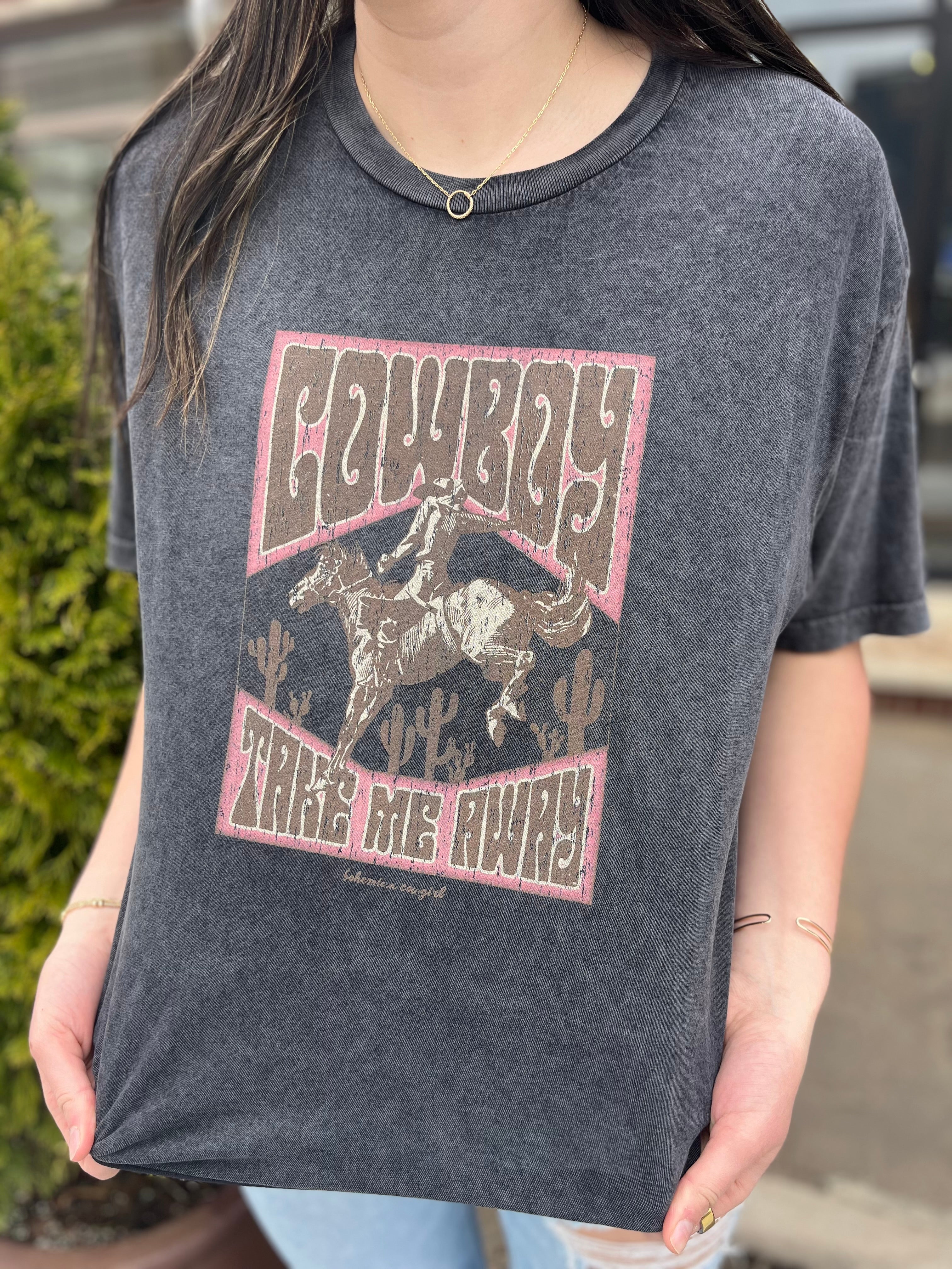 Cowboy Take Me Away Bronc Long Crop Graphic Tee Black Wash