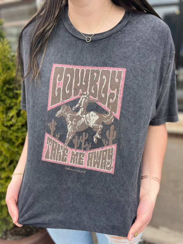 Cowboy Take Me Away Bronc Long Crop Graphic Tee