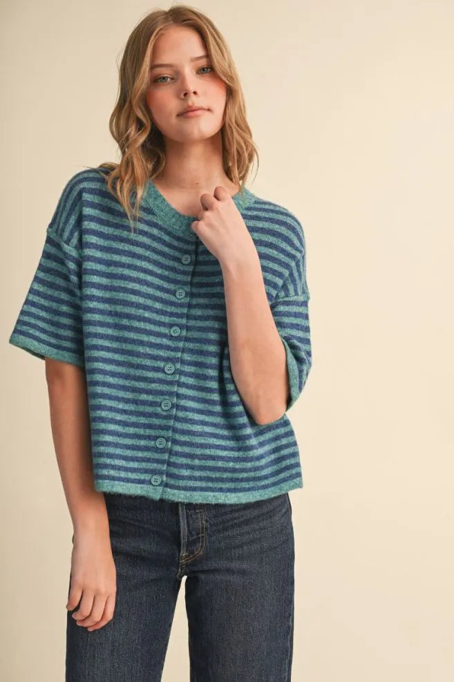 Short Sleeve Stripe Sweater Cardigan Turquoise Blue