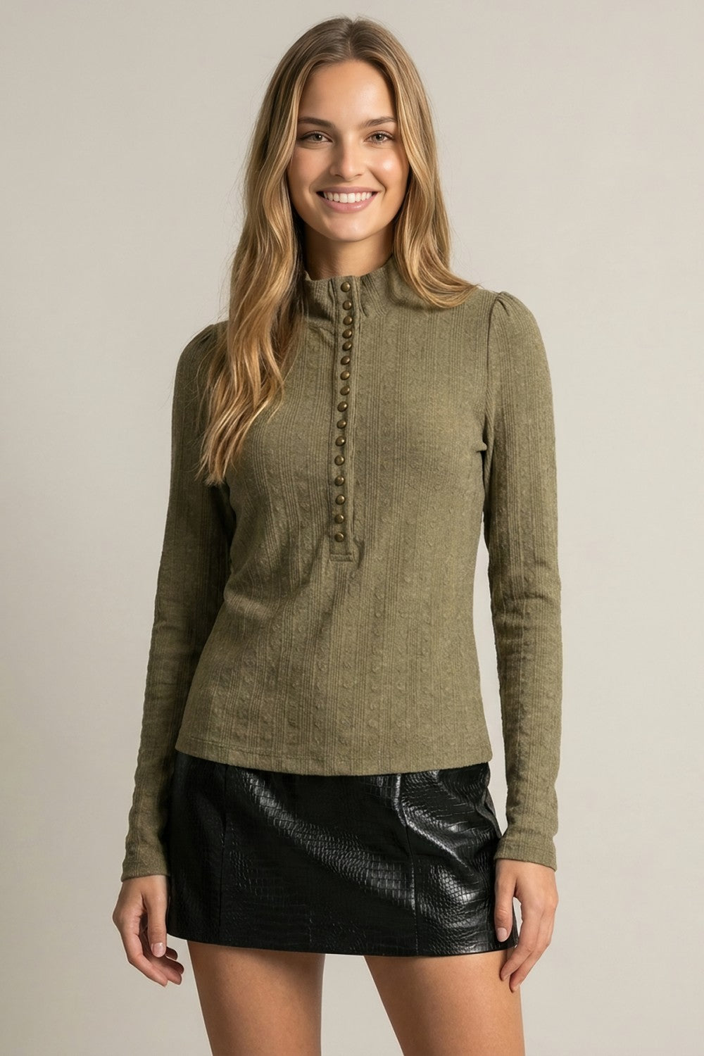 Ribbed Front Button Closure Long Sleeve Top Olive