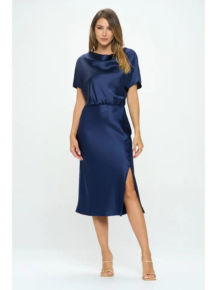 Satin Stretch Midi Skirt Slit Dress Navy