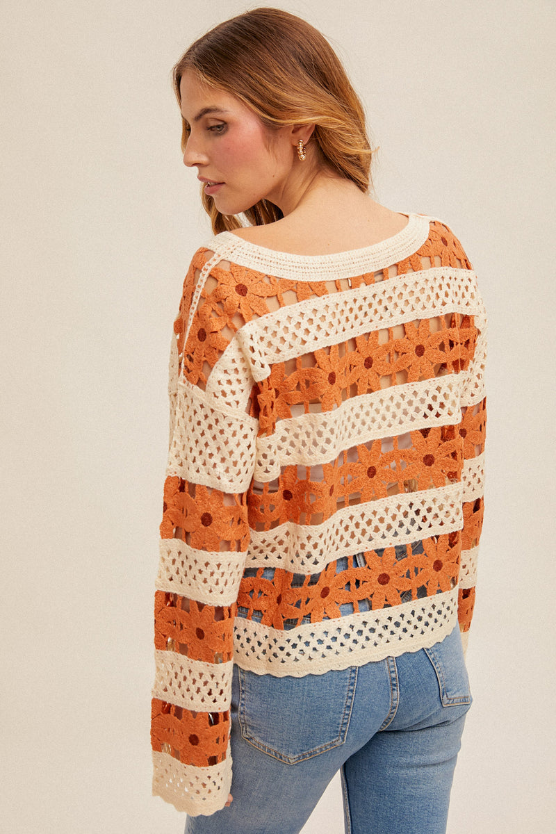 Daisy Crochet Knit Pullover Terracotta