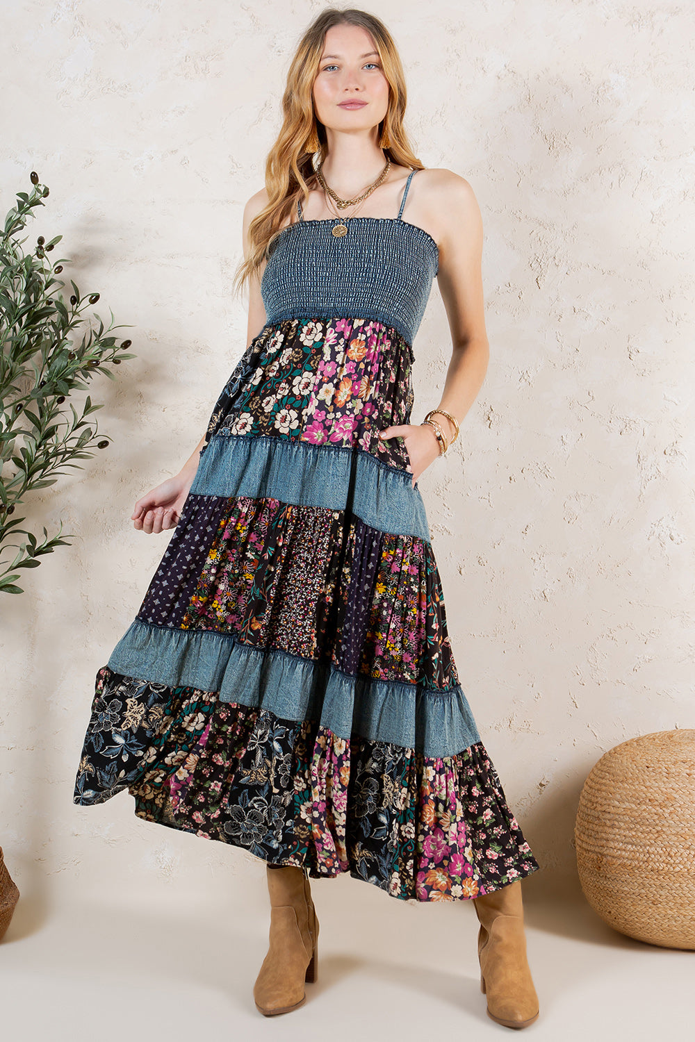 Western Spaghetti Strap Smocked Boho Maxi Floral