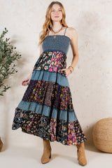 Western Spaghetti Strap Smocked Boho Maxi Floral