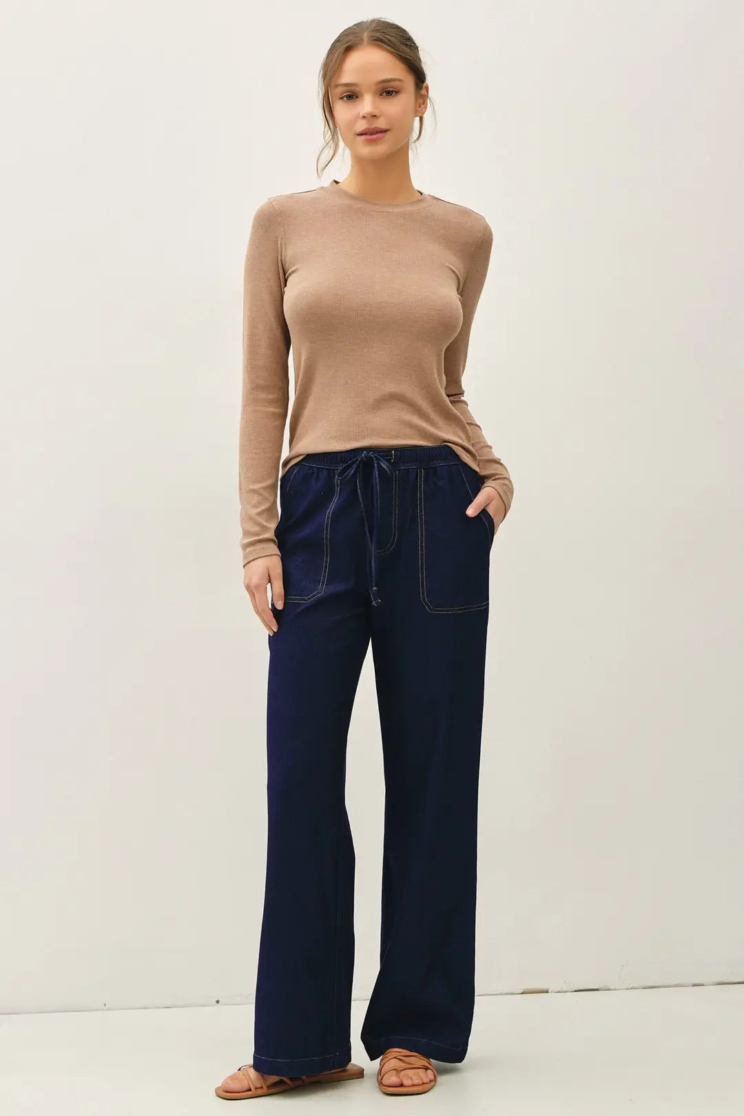 Knit Denim Wide Leg Pull On Pants Dark Wash