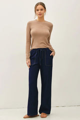 Knit Denim Wide Leg Pull On Pants Dark Wash
