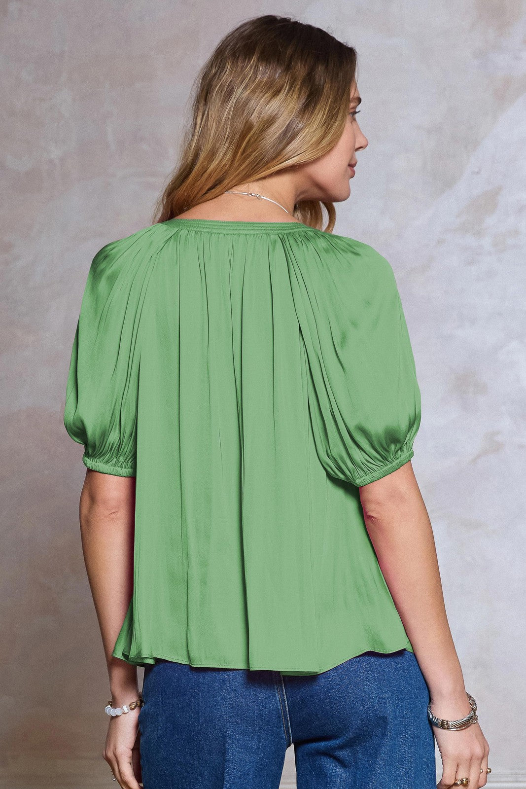 Vneck Puff Half Sleeve Satin Blouse Meadow Green