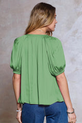 Vneck Puff Half Sleeve Satin Blouse Meadow Green