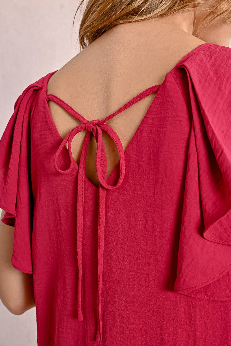Ruffle Sleeve Tie Back Dress Raspberry