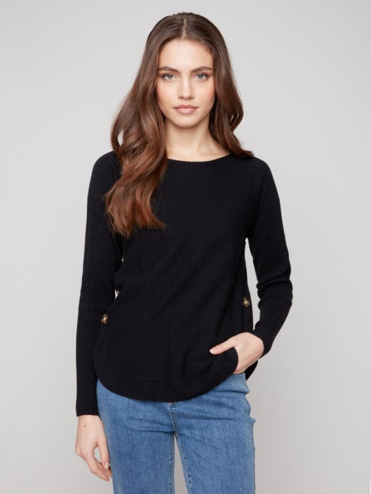 Side Button Detail Boat Neck Sweater Black