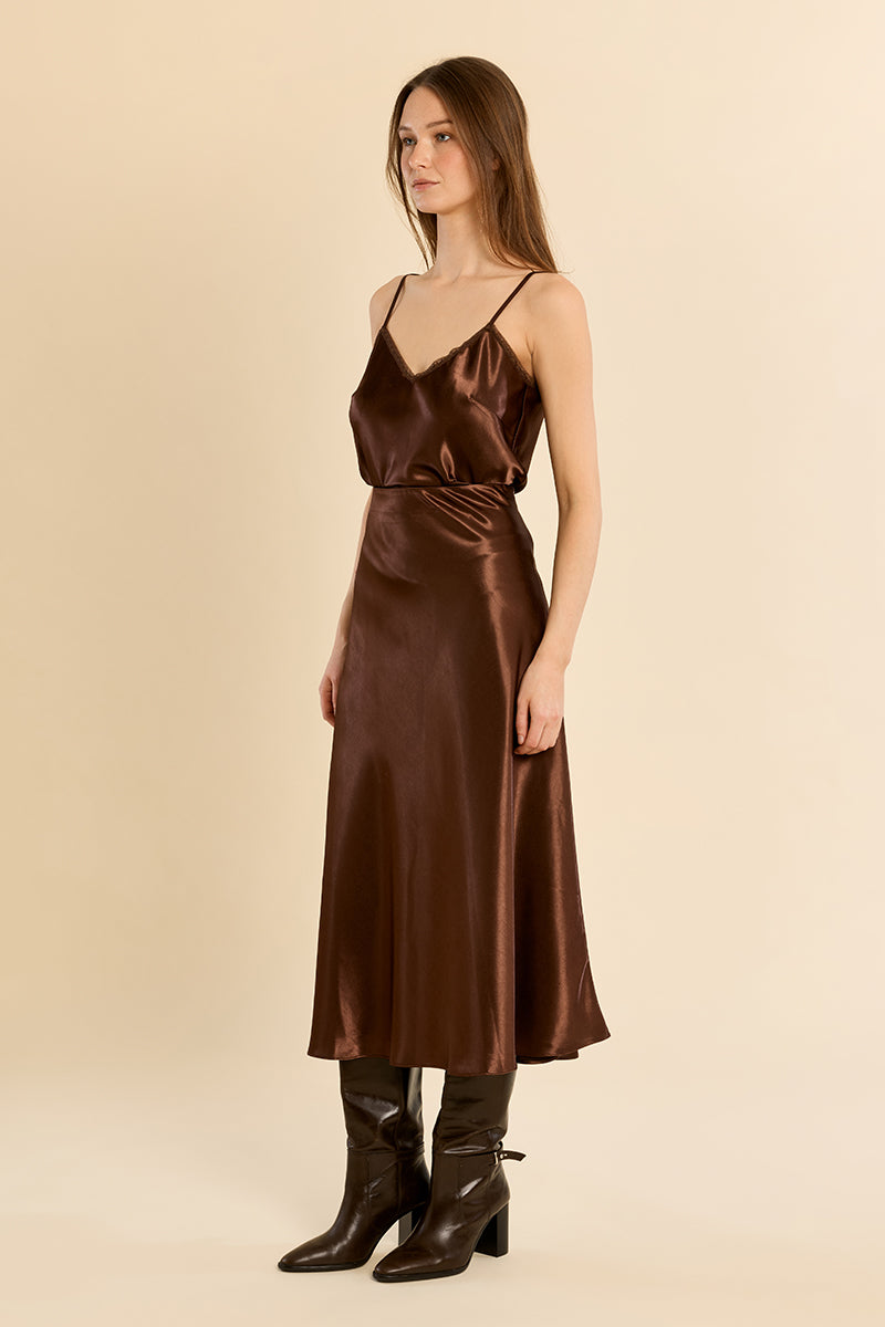 Blakely Satin Midi Skirt Chocolate