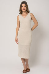 Sleeveless Vneck Knit Textured Midi Dress Natural