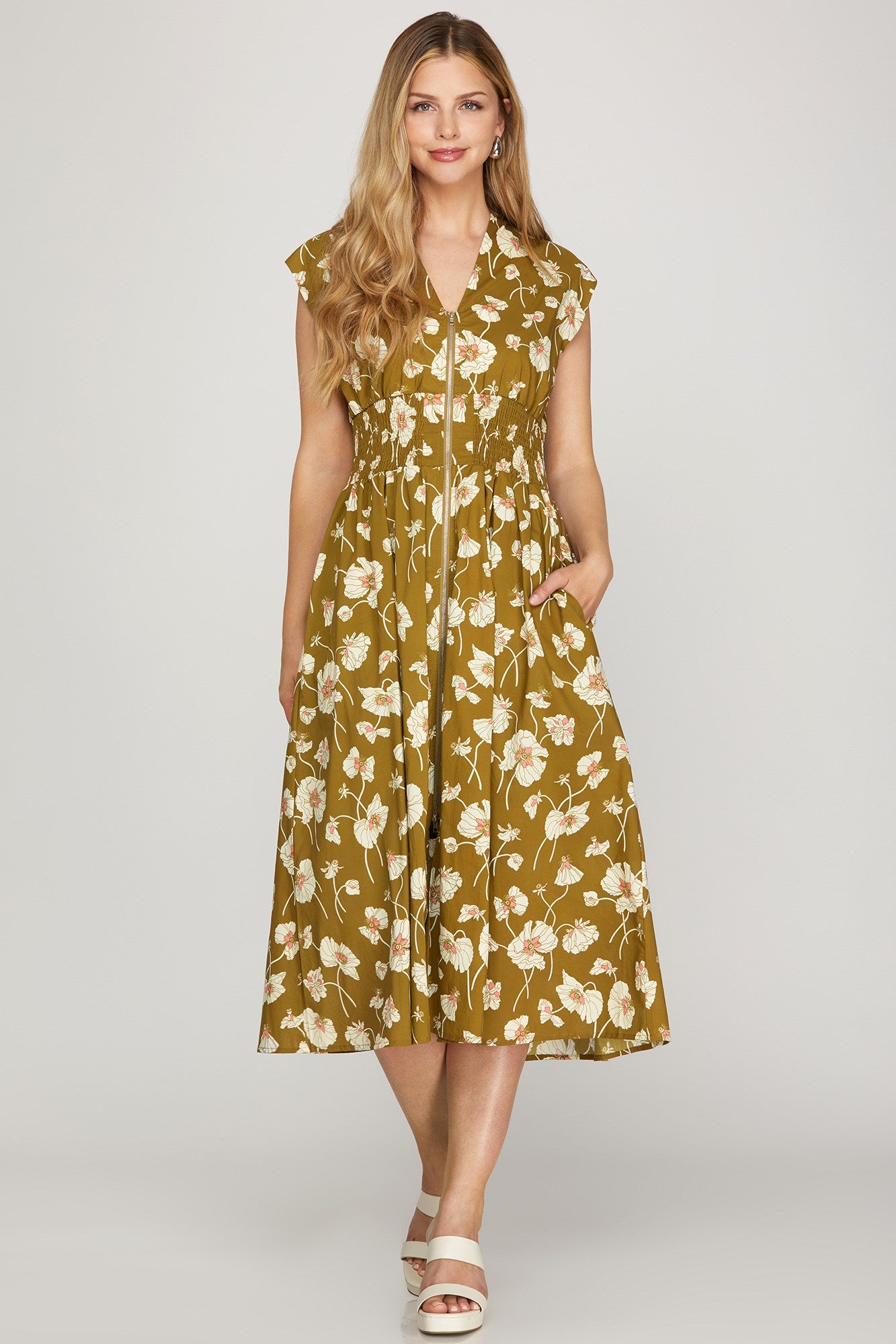 Botanical Poppy Smock Detail Zip Midi Dress Olive