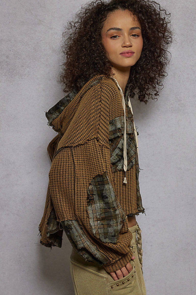 Hooded Balloon Sleeve Thermal Plaid Contrast Charcoal Multi