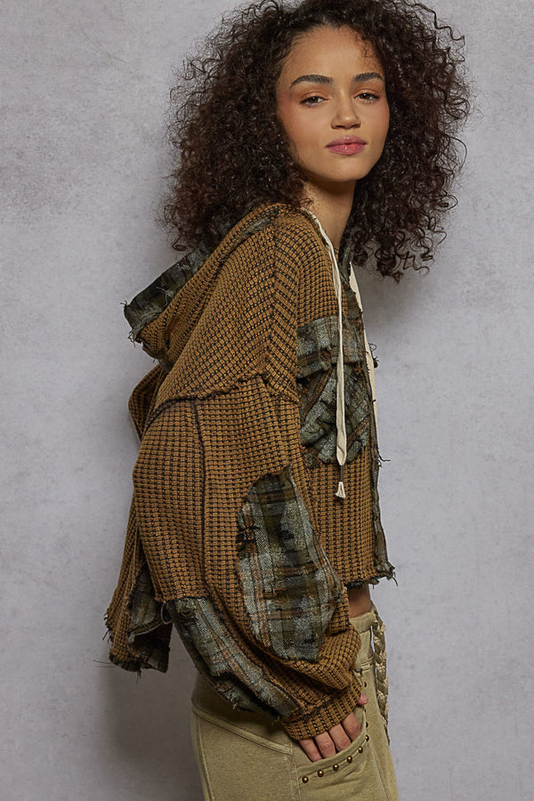 Hooded Balloon Sleeve Thermal Plaid Contrast Charcoal Multi