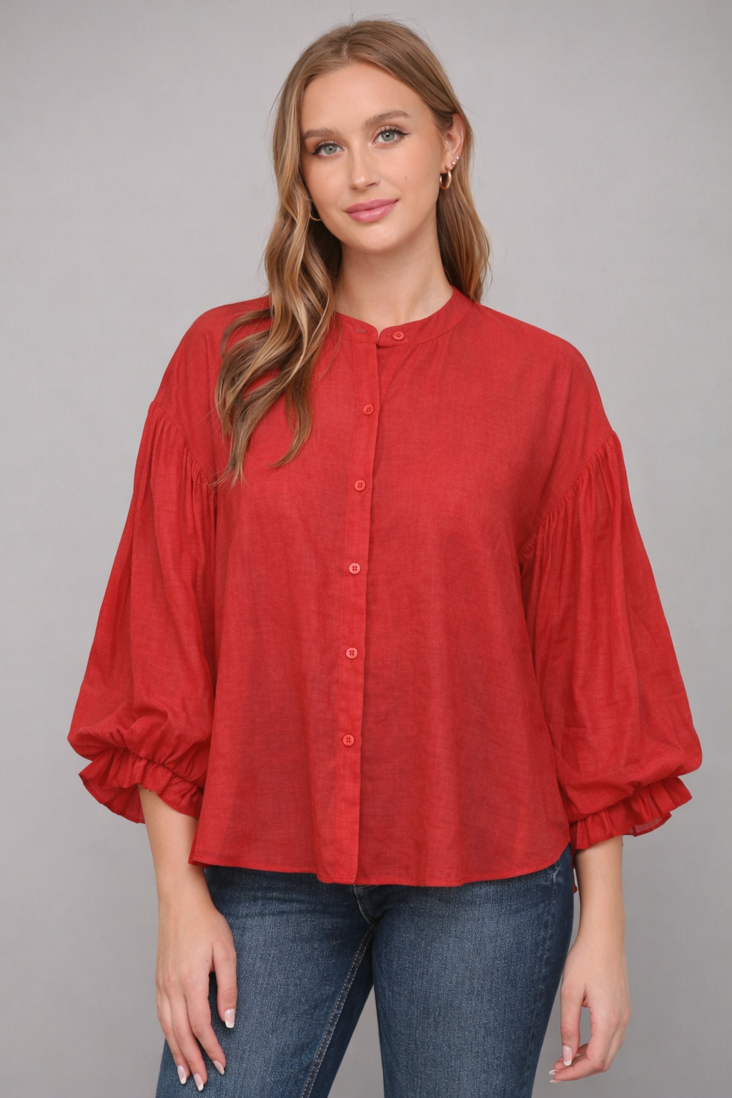 Puff 3/4 Frill Sleeve Button Down Shirt Tomato Red