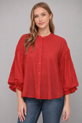 Puff 3/4 Frill Sleeve Button Down Shirt Tomato Red