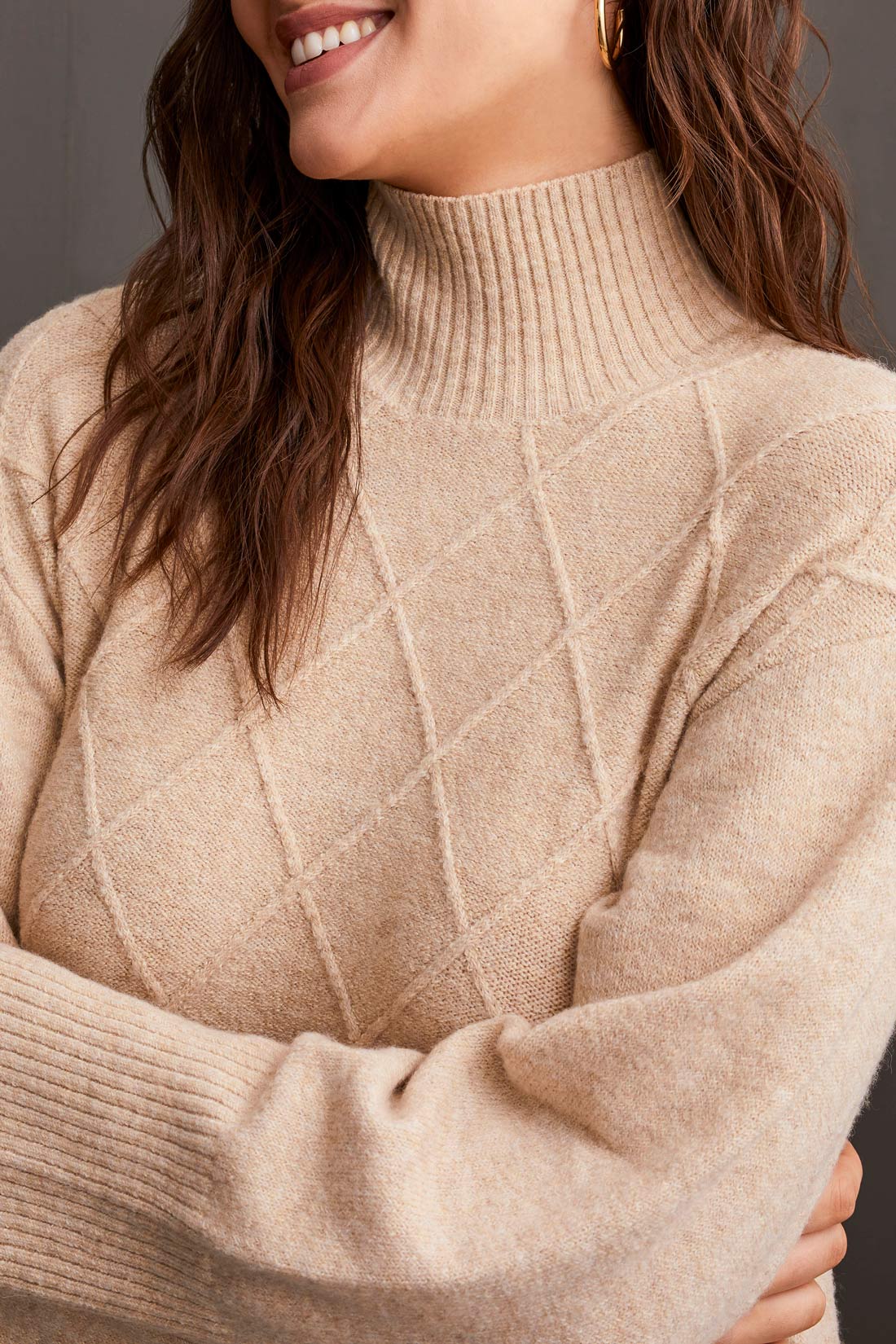 Diamond Block Knit Mock Neck Sweater Dress Oatmeal