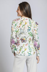 Smocked Cuff Split Neck Blouse White Multi